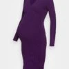 V Ausschnitt Mini Bodycon Ripp Strickkleid - Robe Pull - Purple