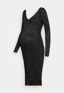 Lurex V Ausschnitt Ripp Midi Bodycon Strickkleid - Robe Pull - Black